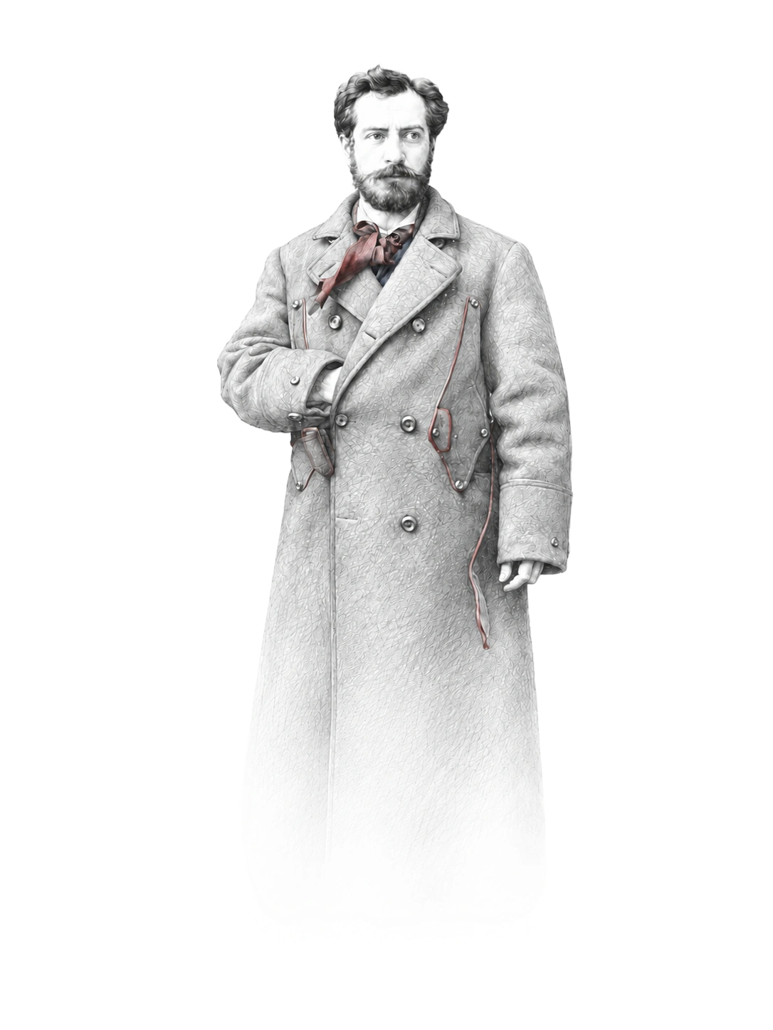 Black-and-white vintage illustration of a man with a beard and mustache wearing a long double-breasted coat and a scarf tied around his neck, standing with one hand tucked inside his coat.