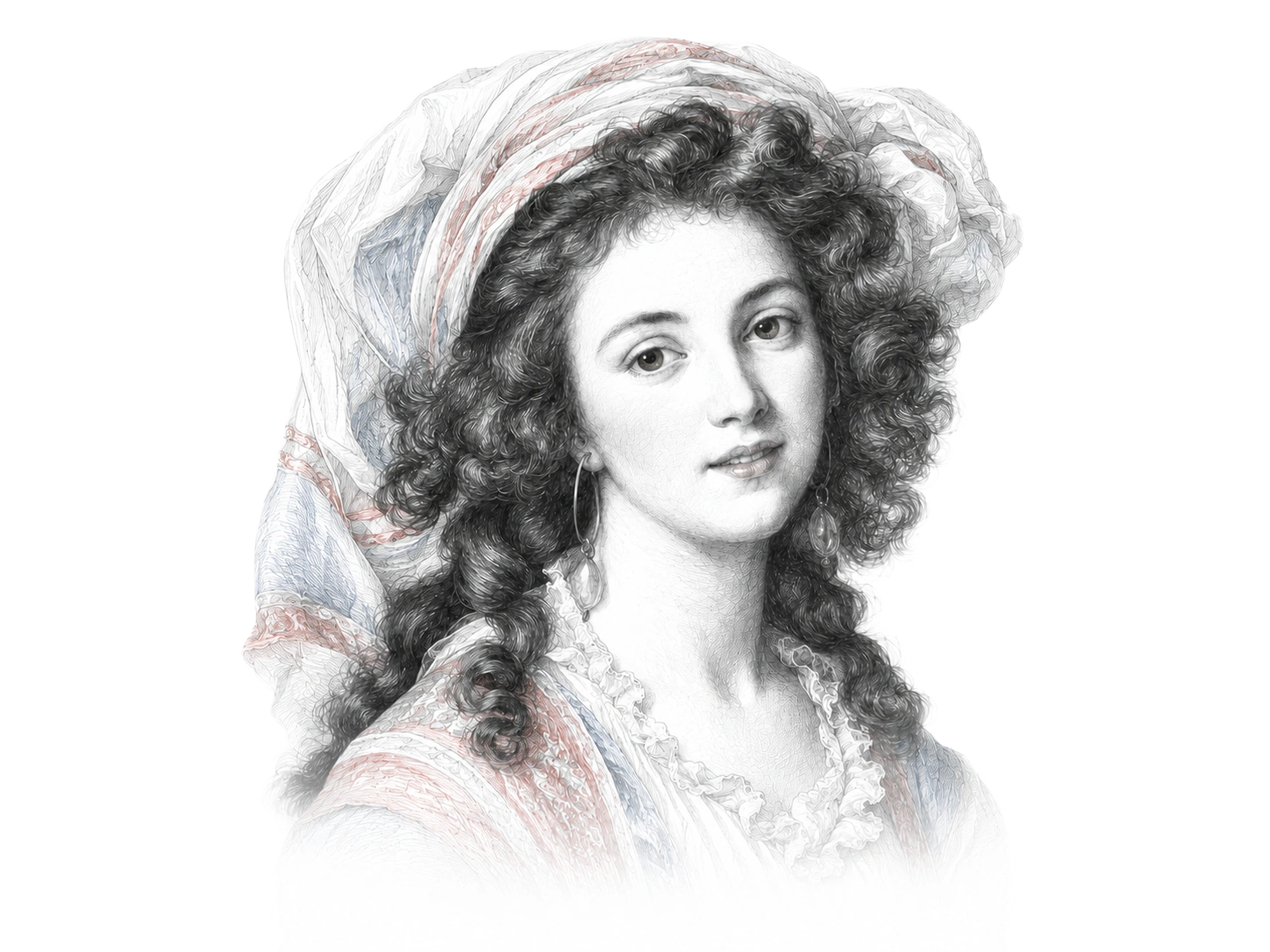 Portrait of a young woman with curly hair wearing a ruffled blouse and a large, light, multi-colored headscarf, with hoop earrings, looking gently towards the viewer and faintly smiling.