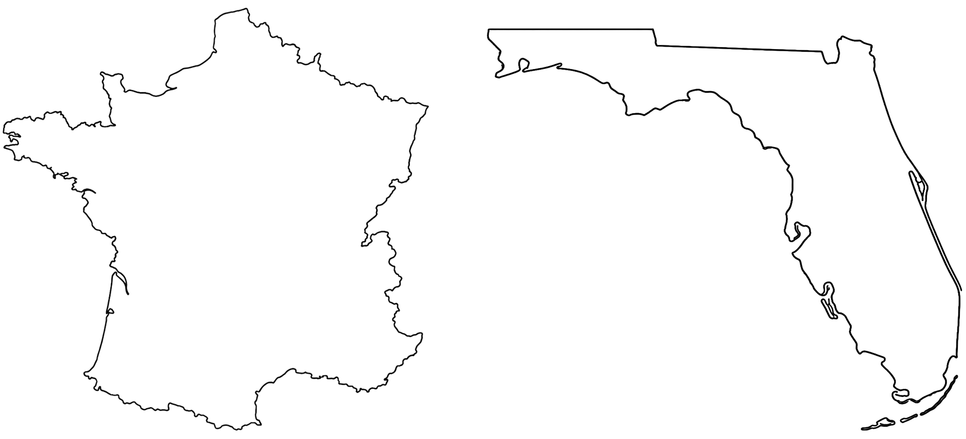 Outline map showing the border between France and the US state of Florida, highlighting their geographical shapes side by side.