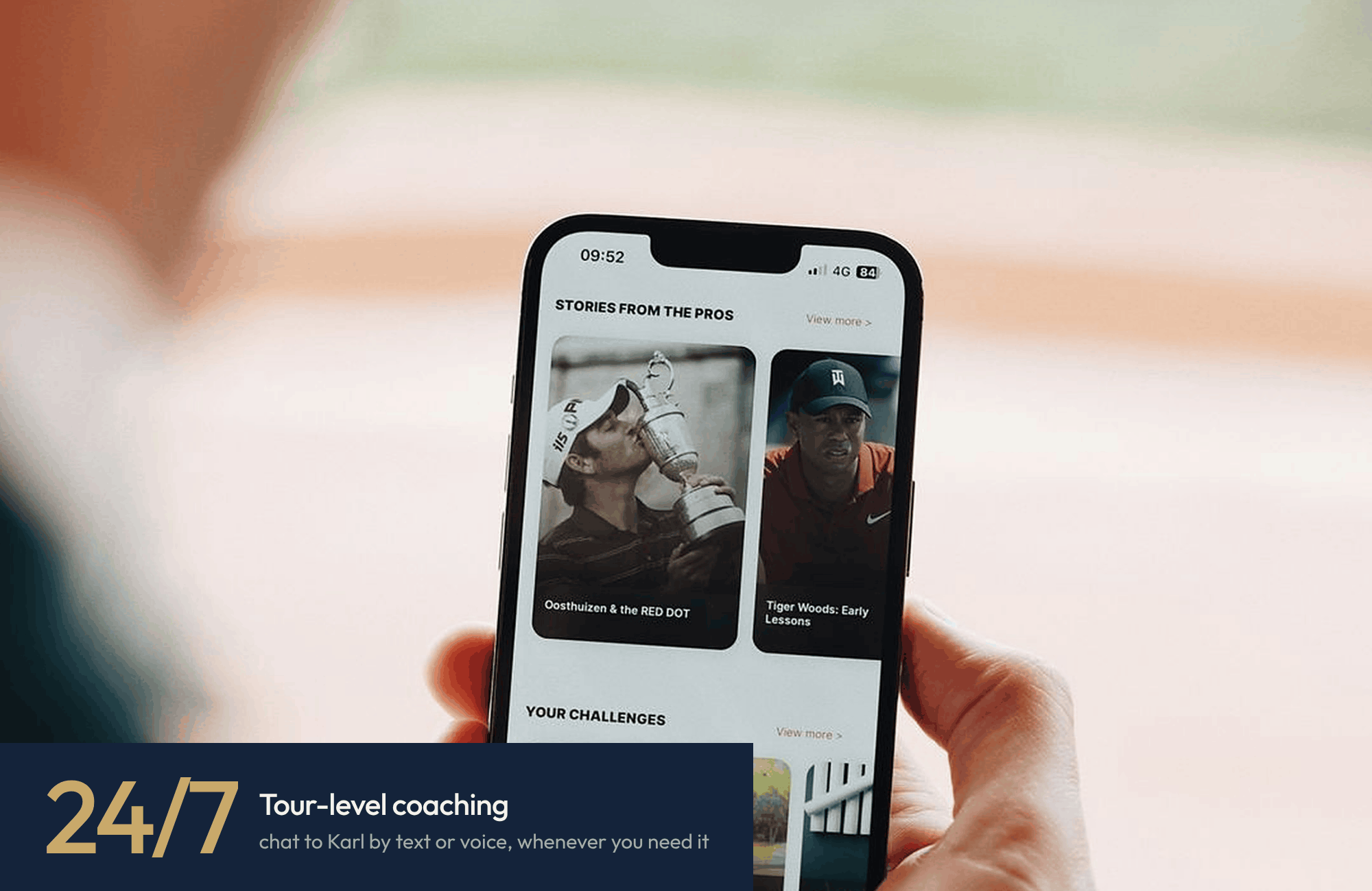 The mind caddie app on an iphone showing lessons from Tiger Woods