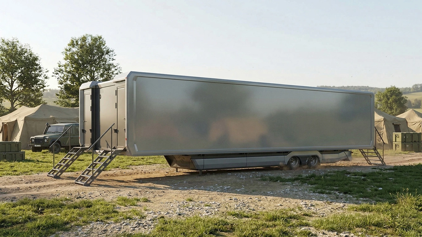 Expandable Defence modular trailer in grass environment in Eastern Europe