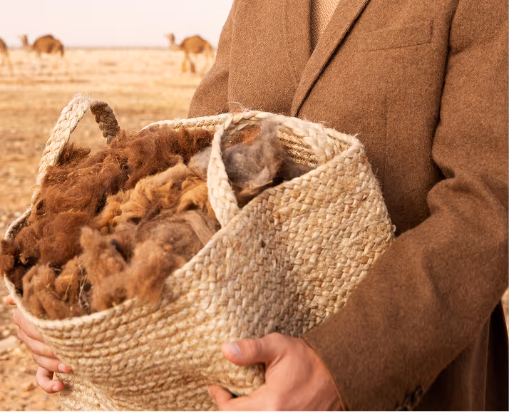 Close up of a NOUKK local partner handling regenerative camel hair.