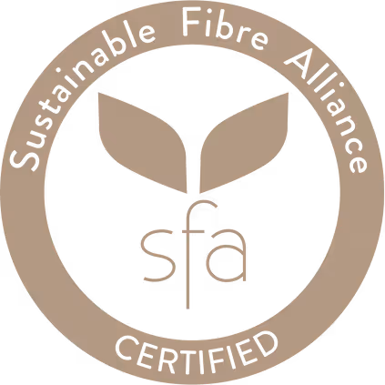 The official Sustainable Fibre Alliance (SFA) Certified seal, verifying NOUKK's commitment to ethical fibre practices and traceability.