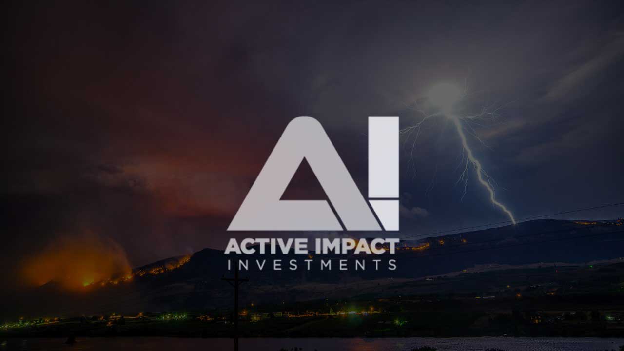Photo of a wildfire with the Active Impact investments logo.
