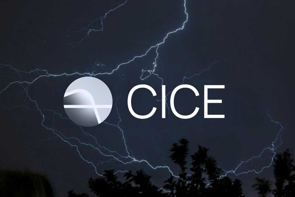 The CICE logo over lightning in a night sky.