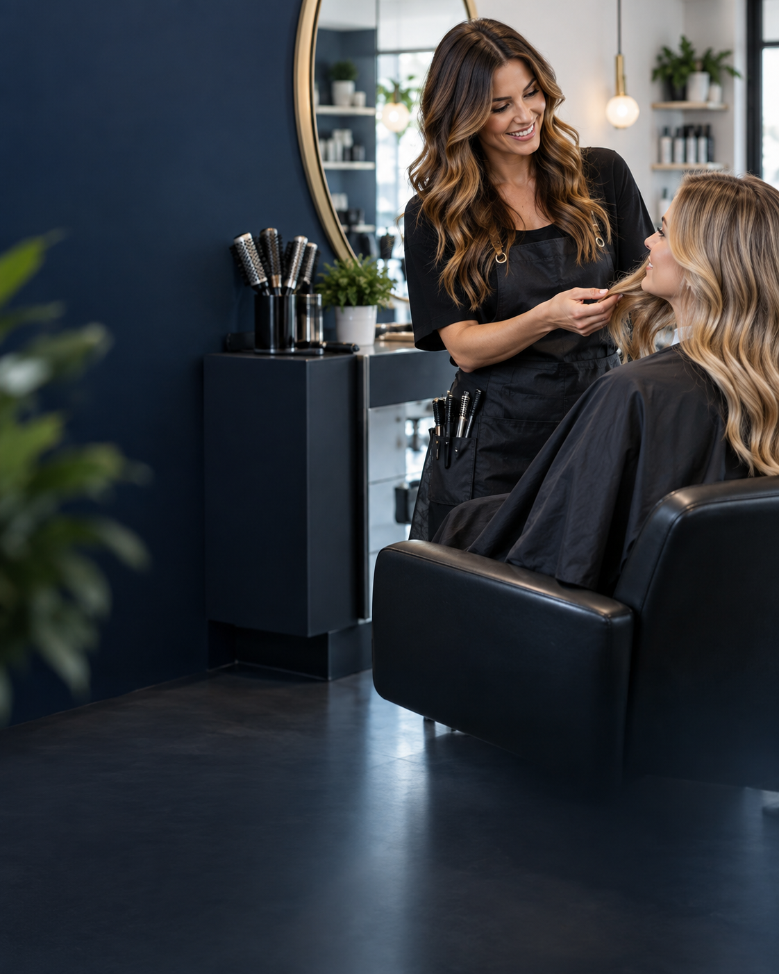 Hair stylist styling a client's hair in a modern salon