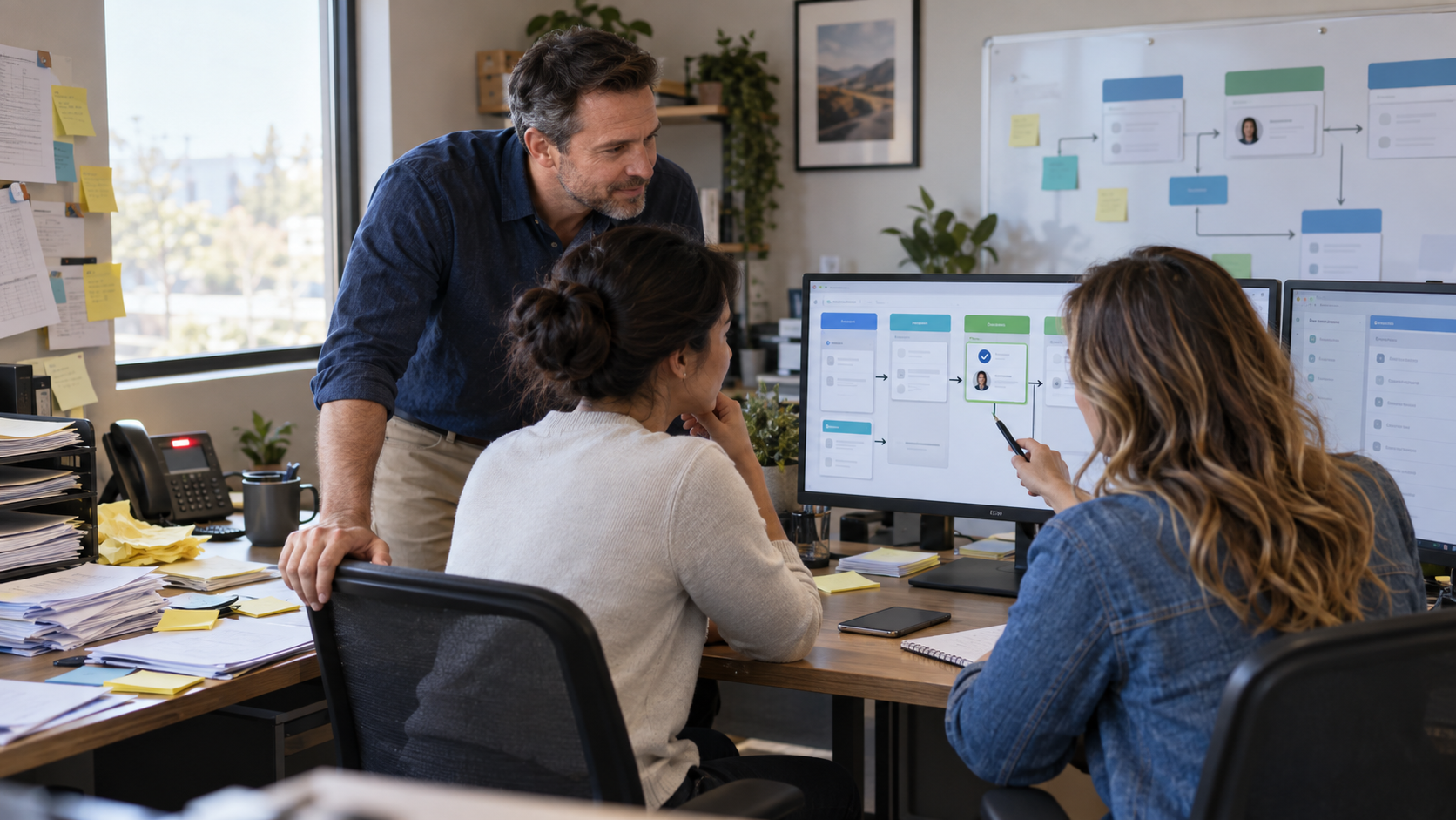 A small-business team reviewing a workflow board together on a monitor