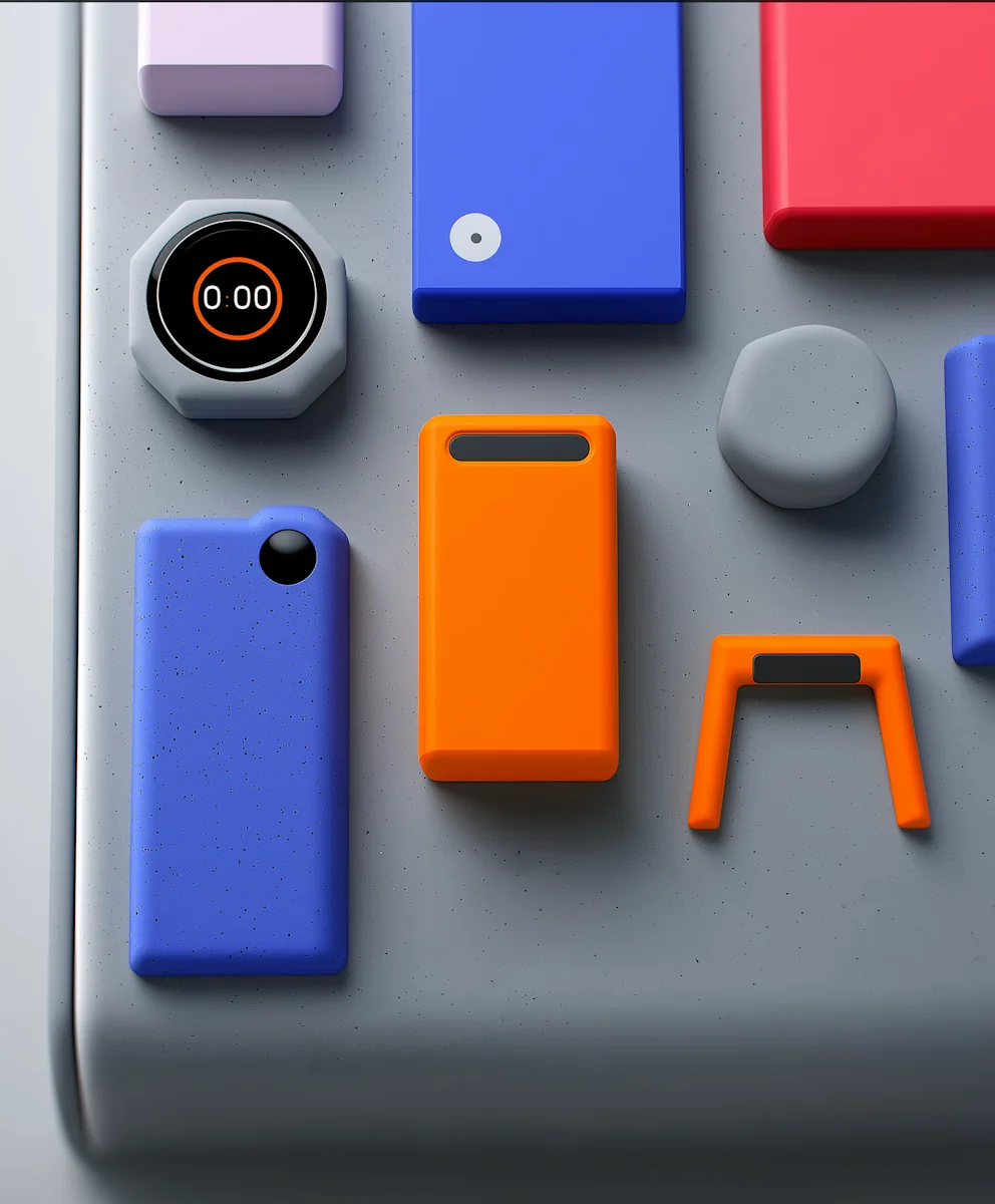 Abstrakte geometrische Formen in Blau, Orange, Rot und Grau auf grauem Hintergrund.