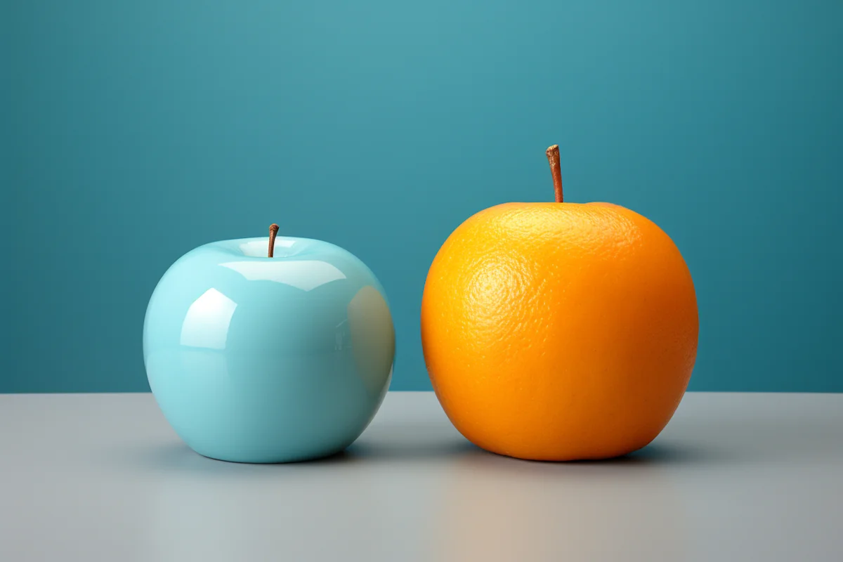 Eine blaue Apfel-Form neben einer orangefarbenen Frucht mit Apfelstiel vor blauem Hintergrund.
