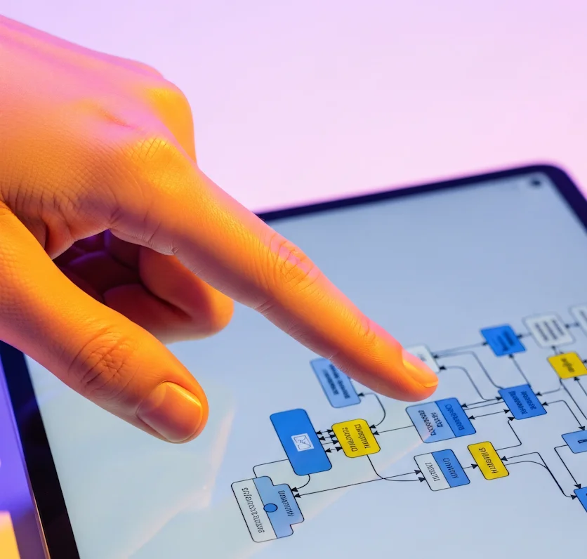 Finger berührt auf dem Bildschirm ein farbiges Flussdiagramm auf einem Tablet.