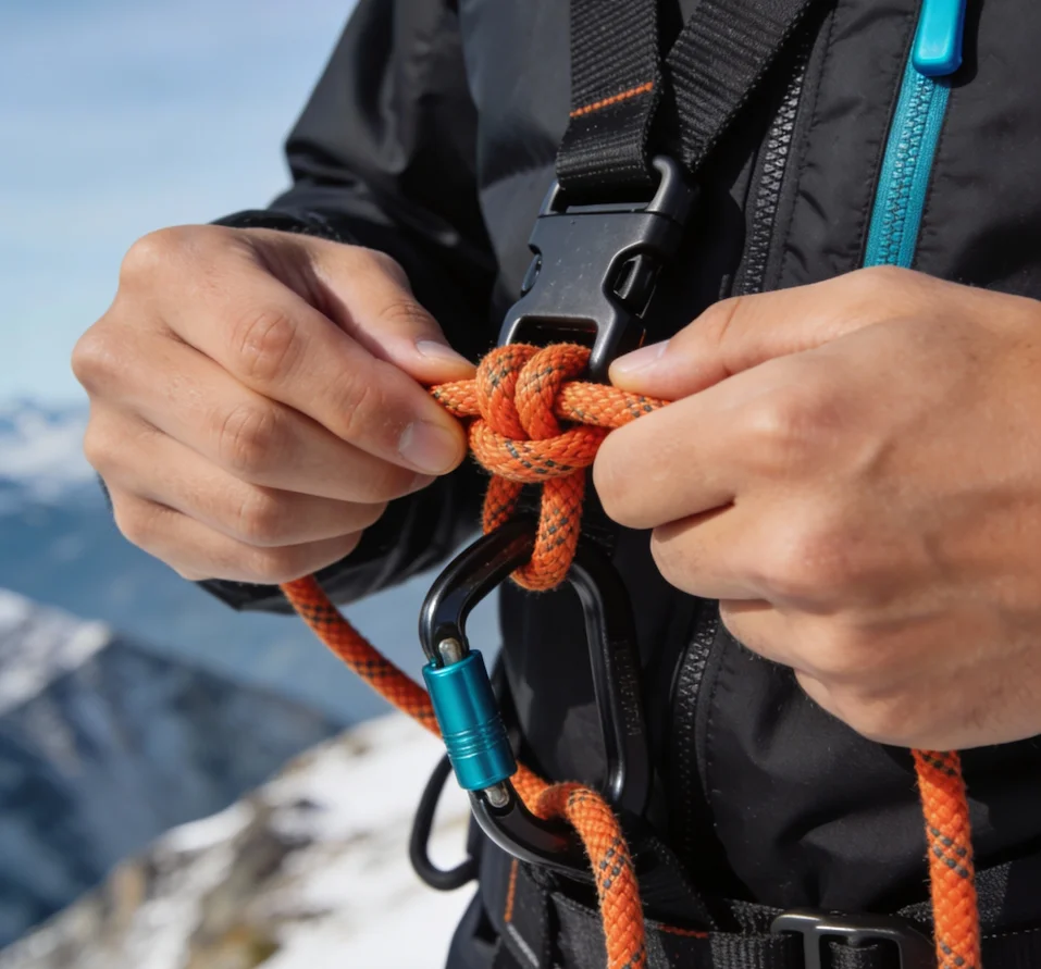 Person bindet einen orangen Kletterseilknoten an einem Karabinerhaken am Klettergurt.