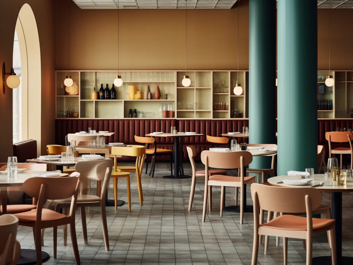 Moderne, ruhige Restaurant-Tafel mit bunten Stühlen, runden Tischen und warmem Licht.