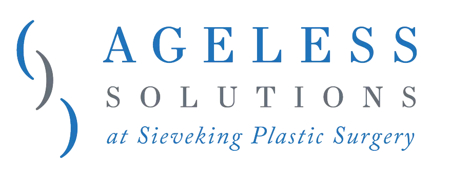 Ageless Solutions at Sieveking Plastic Surgery logo with stylized blue and gray text and brackets.