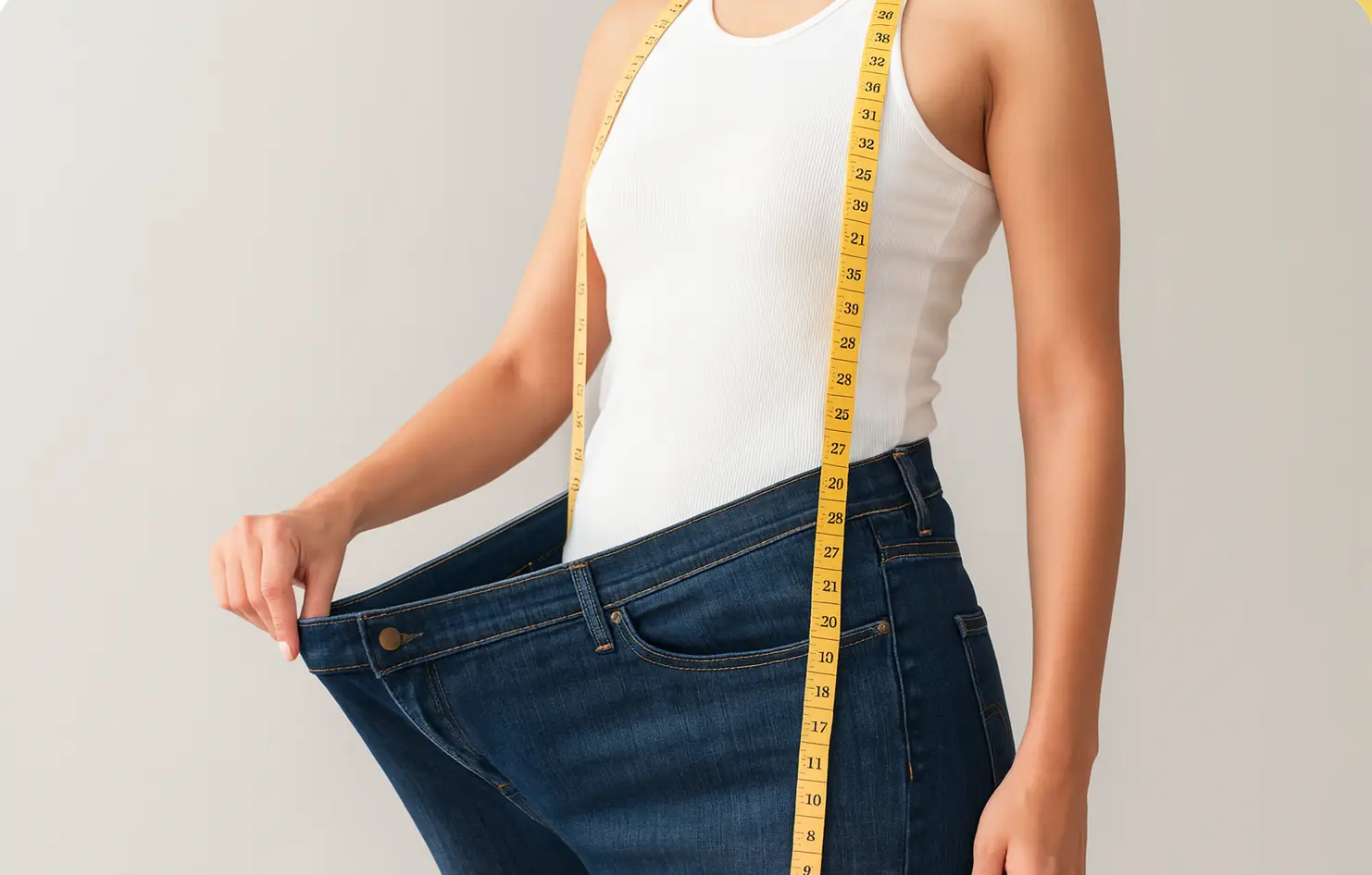 Woman wearing oversized blue jeans and white tank top with a yellow measuring tape around her neck, symbolizing weight loss.