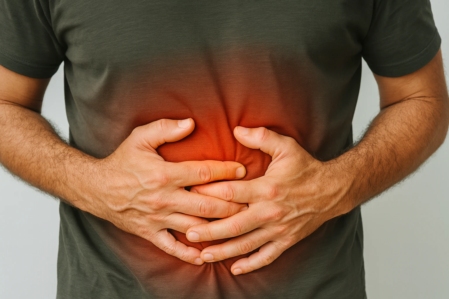 Man in a dark green shirt holding his stomach with a red glow indicating abdominal pain or inflammation.