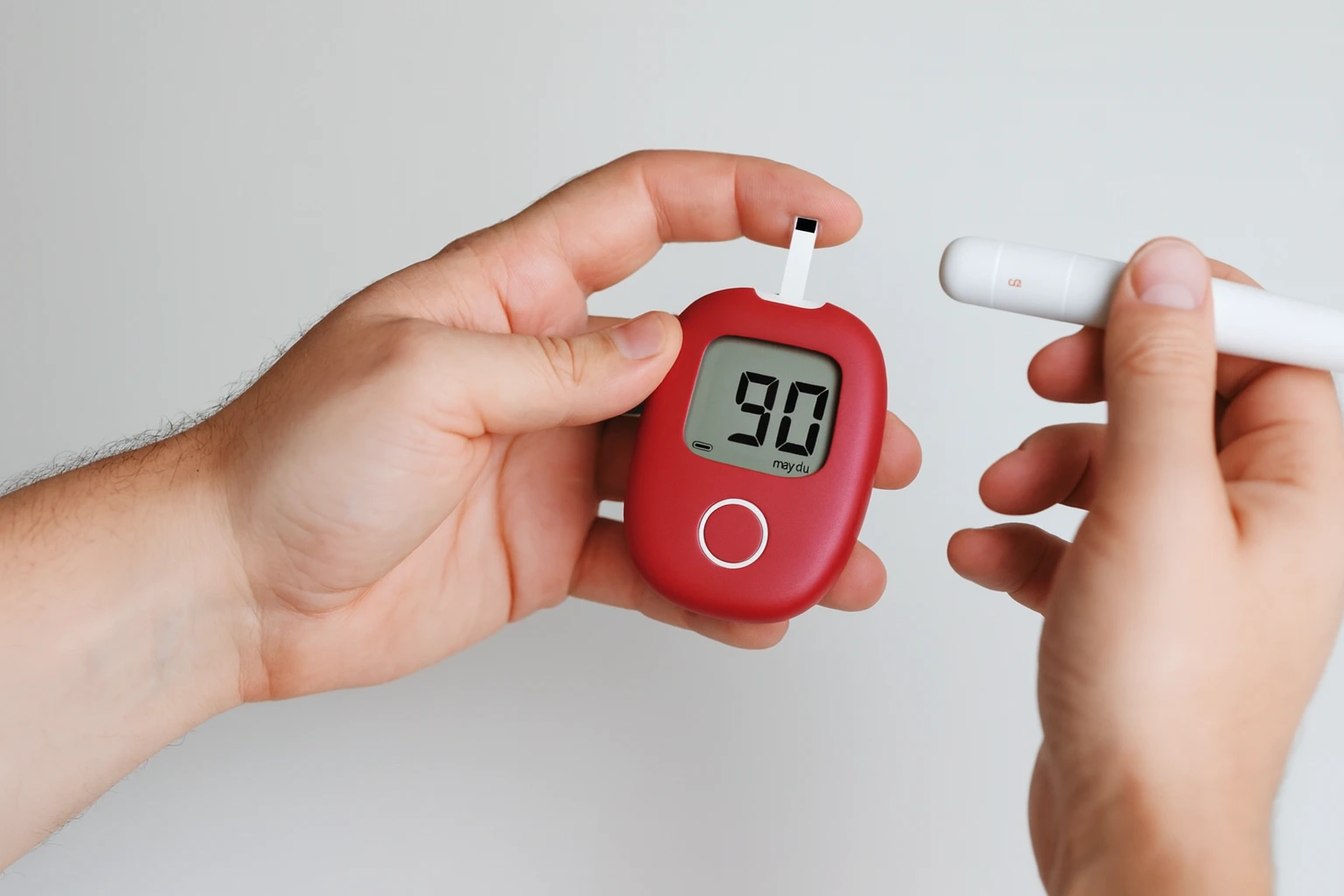 Person holding a red blood glucose meter displaying a reading of 90 and a white lancet device in the other hand.