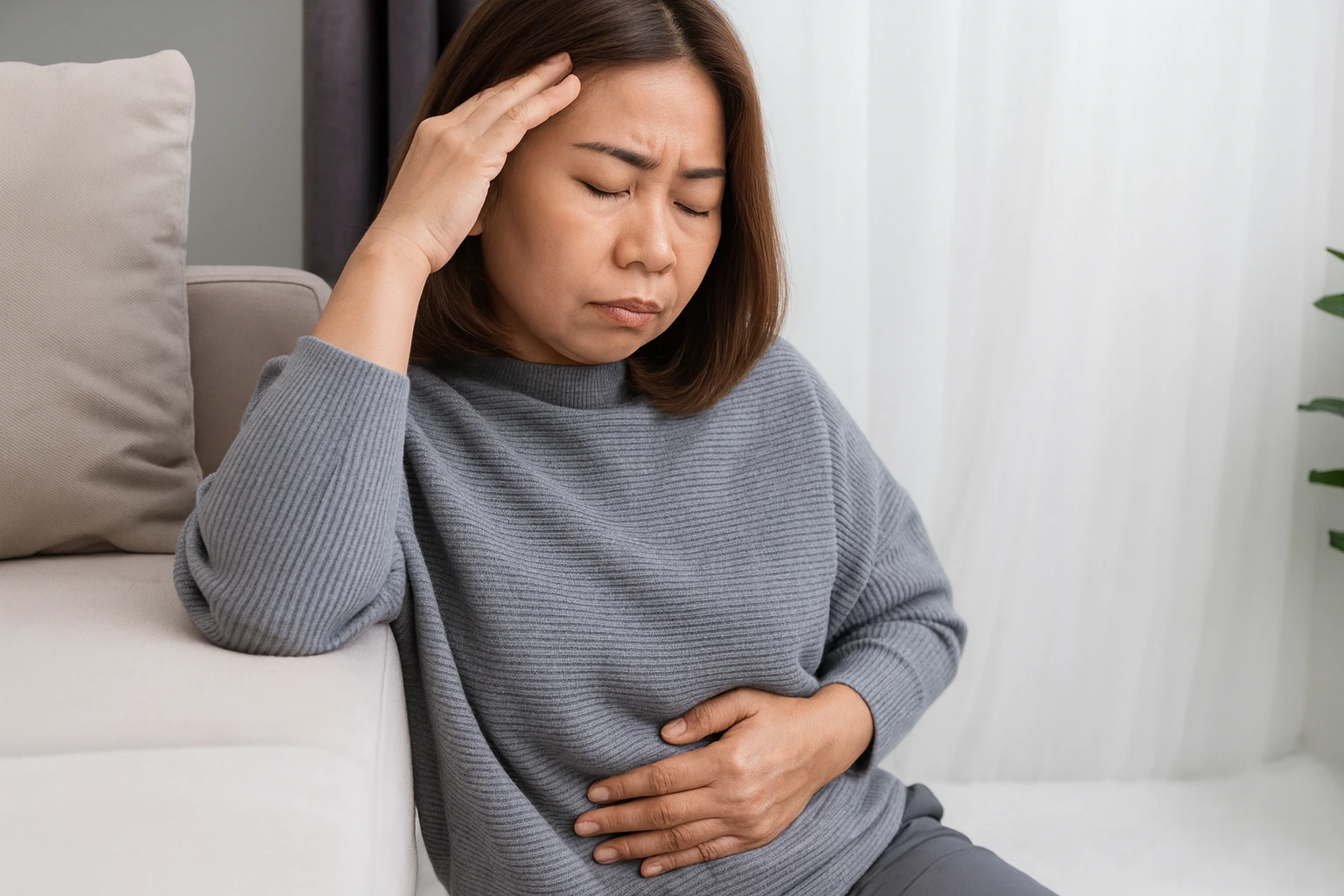 Woman sitting against sofa holding her stomach with one hand and forehead with the other, showing discomfort or pain.