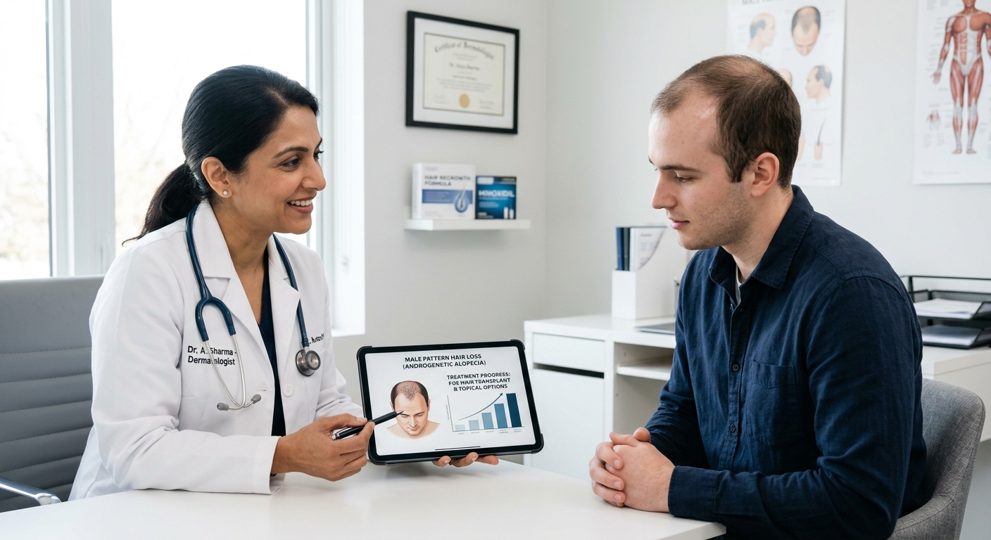 Doctor shows male patient a tablet with a chart on male pattern hair loss treatment options.