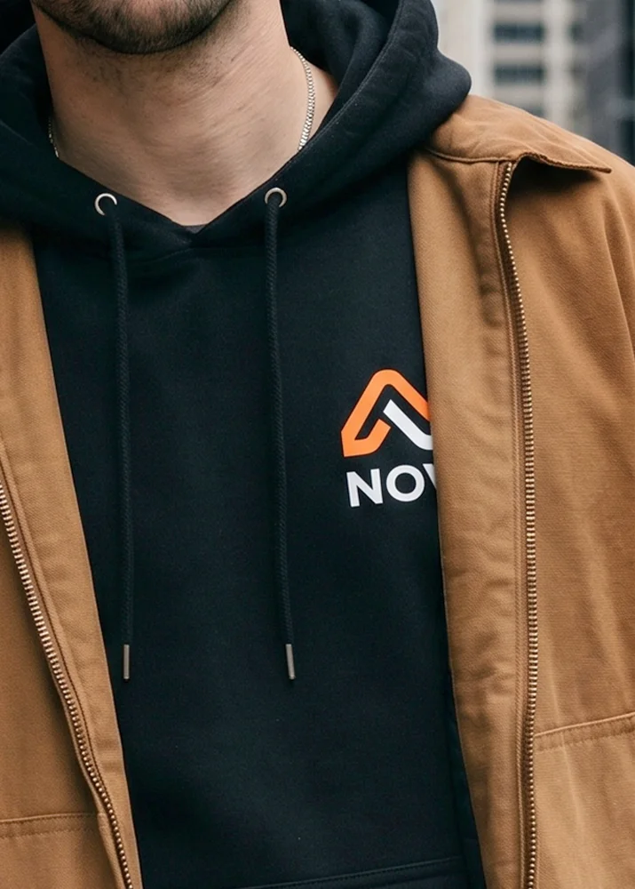 A woman is at a technology trade fair, wearing a T-shirt with a company logo printed on it, and is smiling as she looks at the design