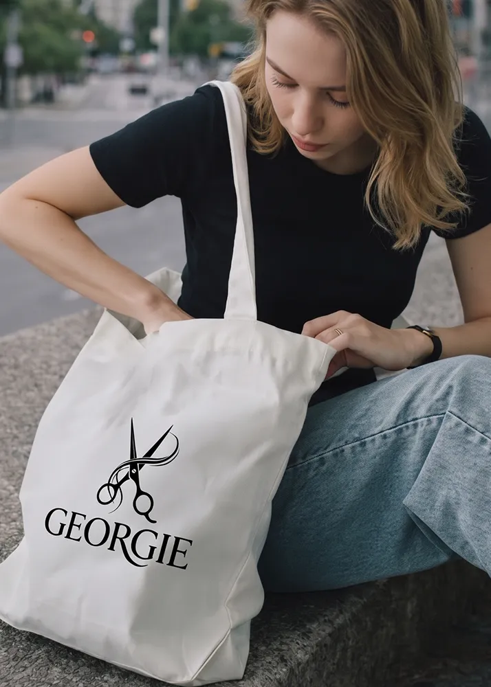 A woman is at a technology trade fair, wearing a T-shirt with a company logo printed on it, and is smiling as she looks at the design