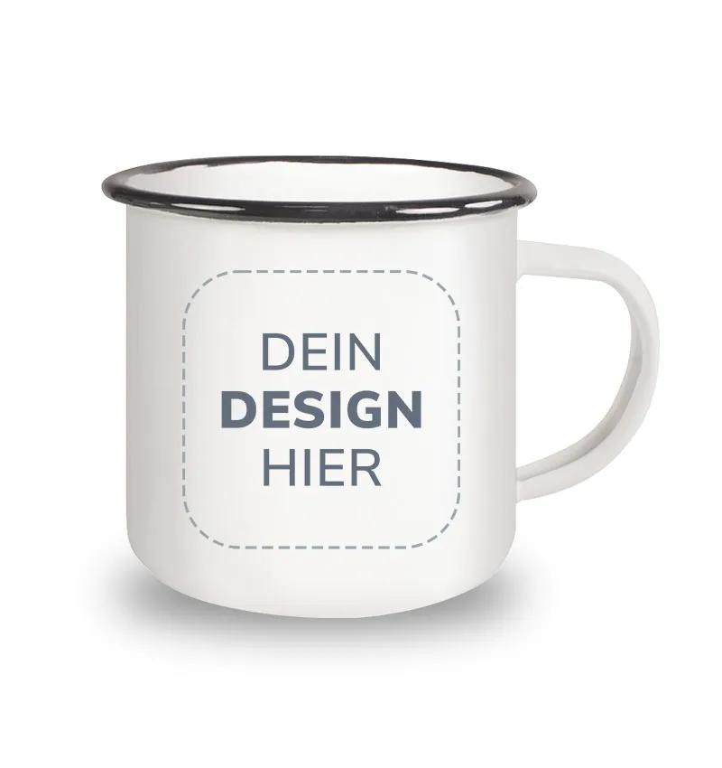 Schwarze Emailletasse im Retro-Stil mit Druckvorschau