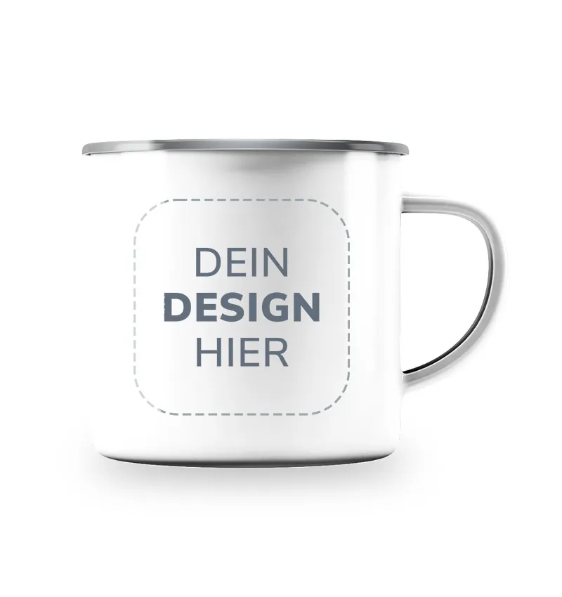 Schwarze Emailletasse im Retro-Stil mit Vorderansicht