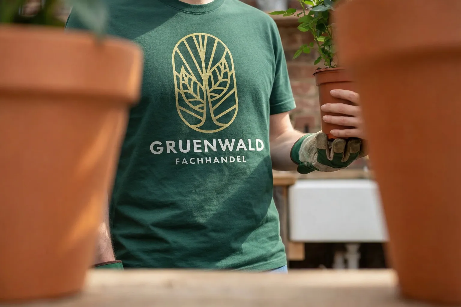 Gärtner in grünem T-Shirt mit individuellem Firmenlogo für Messen und Events