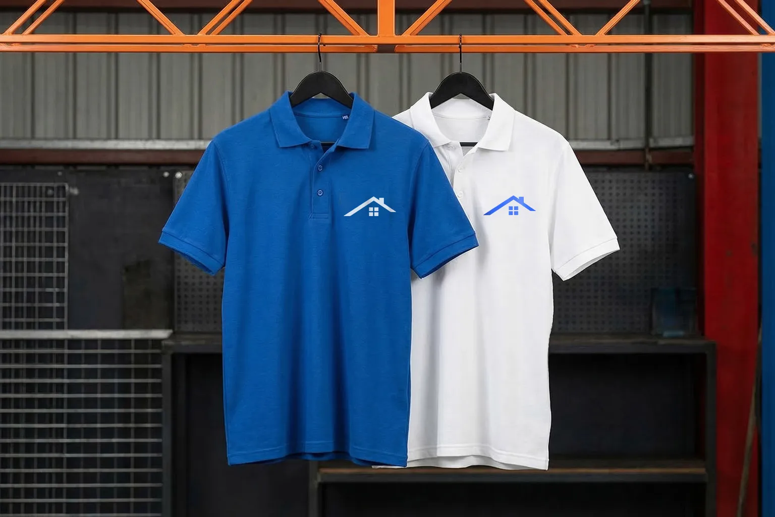 Zwei Poloshirts auf schwarzen Kleiderbügeln, eines blau und eines weiß, jeweils mit kleinem Haus-Logo auf der Brust.
