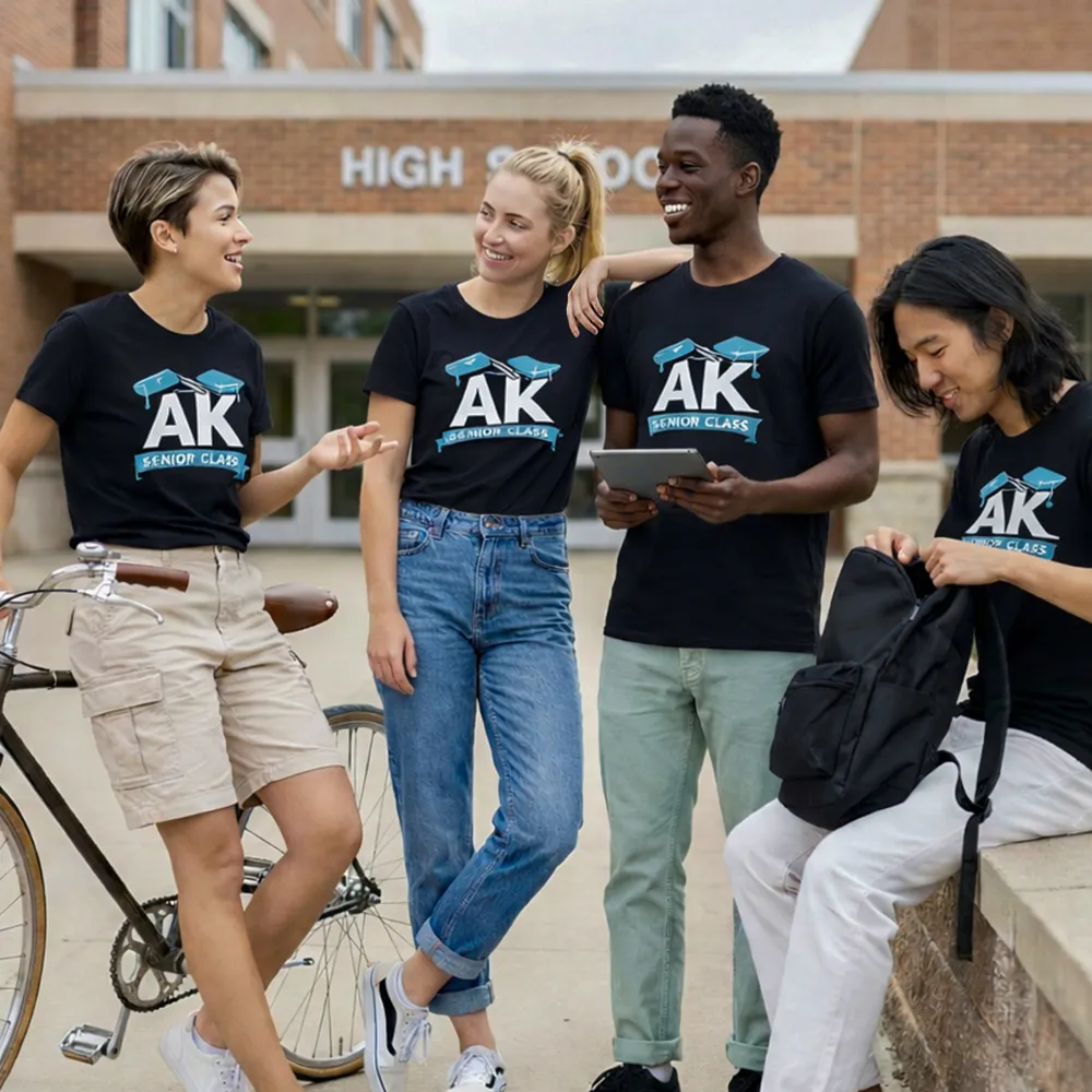 Schülergruppe in bedruckten Abschlussklassen-T-Shirts vor einer High School