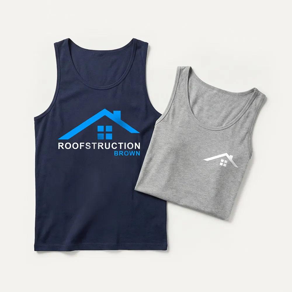 Zwei Tanktops, eines navyblau mit blauem Roofstruction-Brown-Logo und eines grau mit kleinem weißem Dach-Logo.