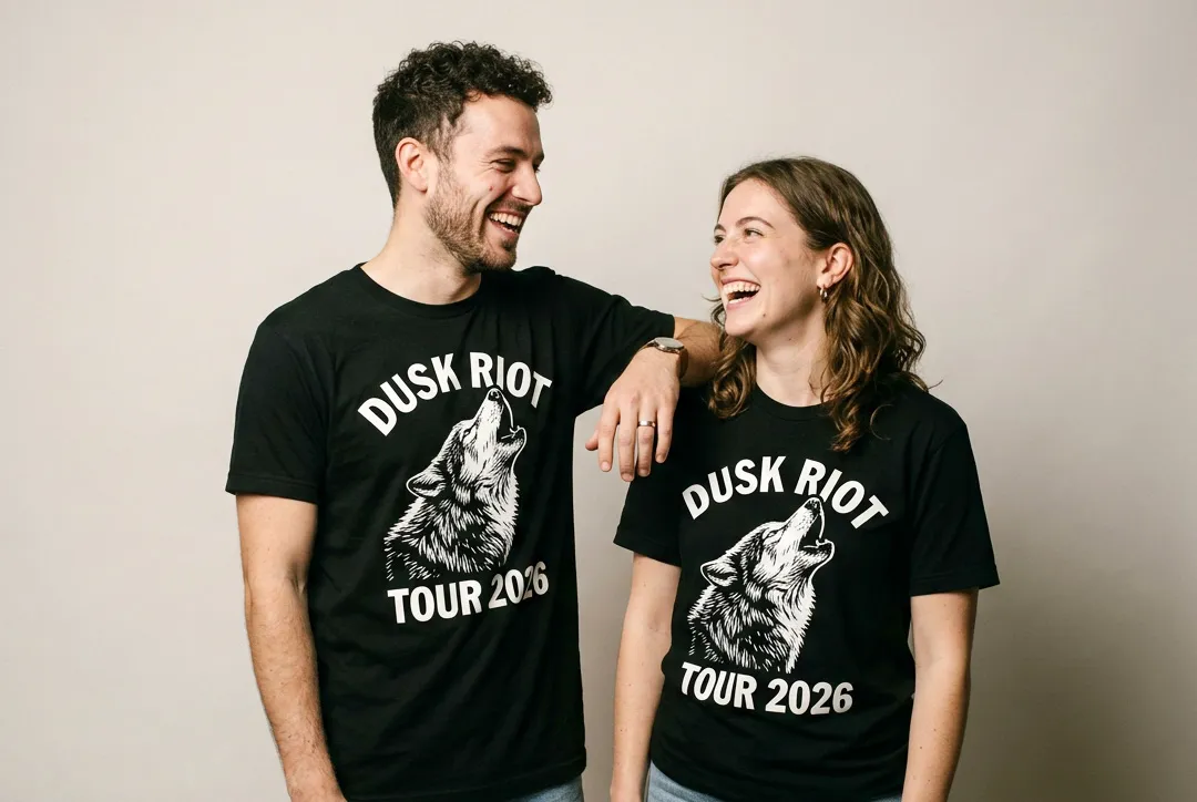 Zwei lachende Personen in schwarzen Band-T-Shirts mit weißem Wolf-Motiv und Tour-Aufdruck