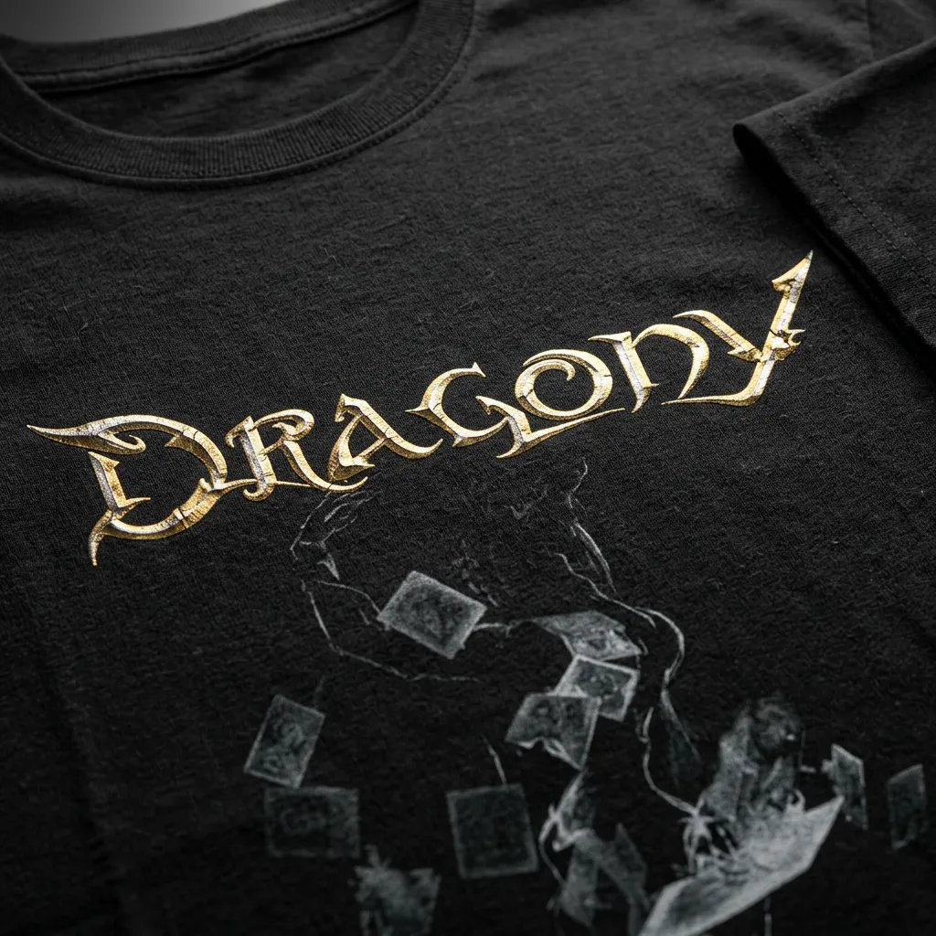 Nahaufnahme eines schwarzen Bandshirts mit goldenem Dragony-Schriftzug