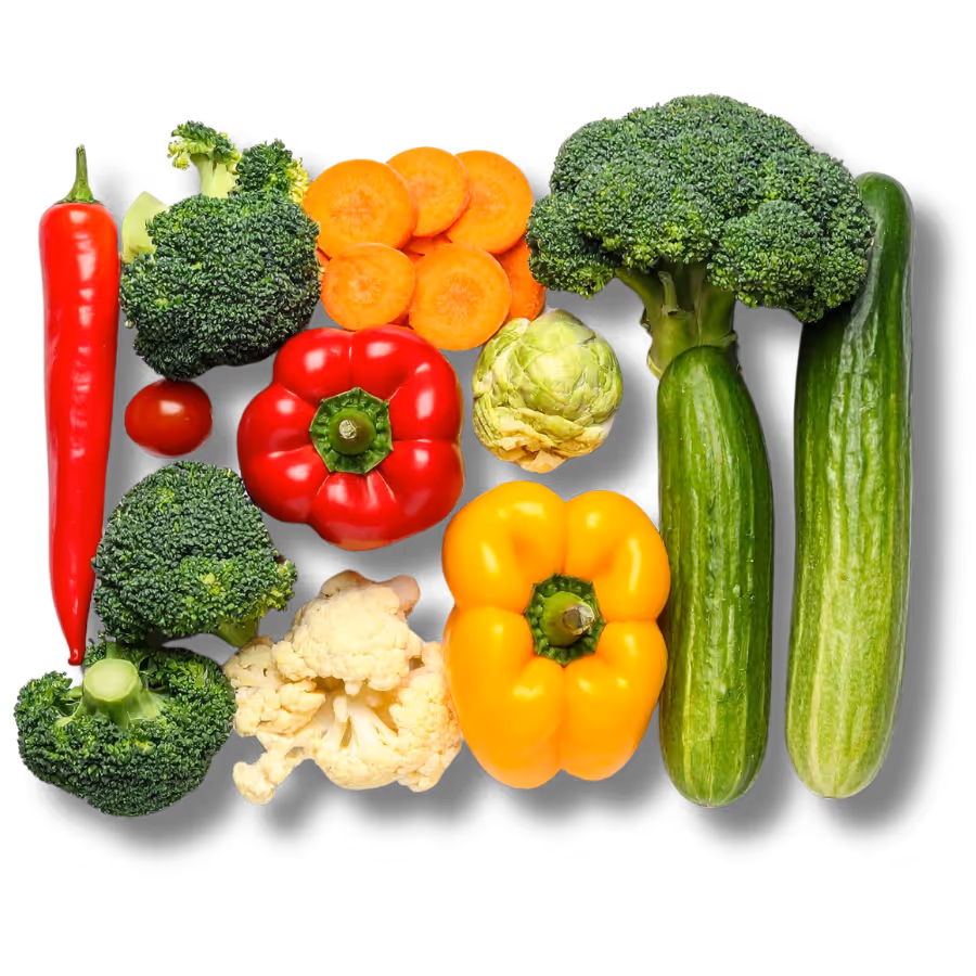 A vibrant, overhead arrangement of seasonal farm-to-table vegetables, including red and yellow peppers, broccoli, carrots, cherry tomatoes, cucumbers and cauliflower.