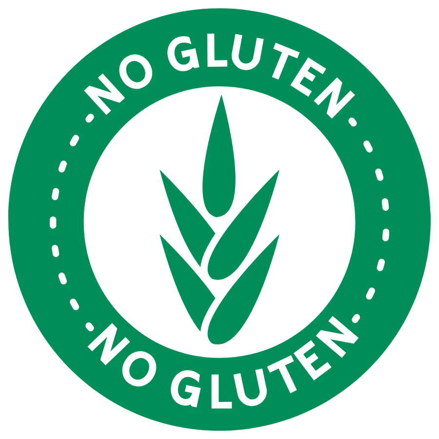 Gluten-free logo featuring a green wheat stalk icon.