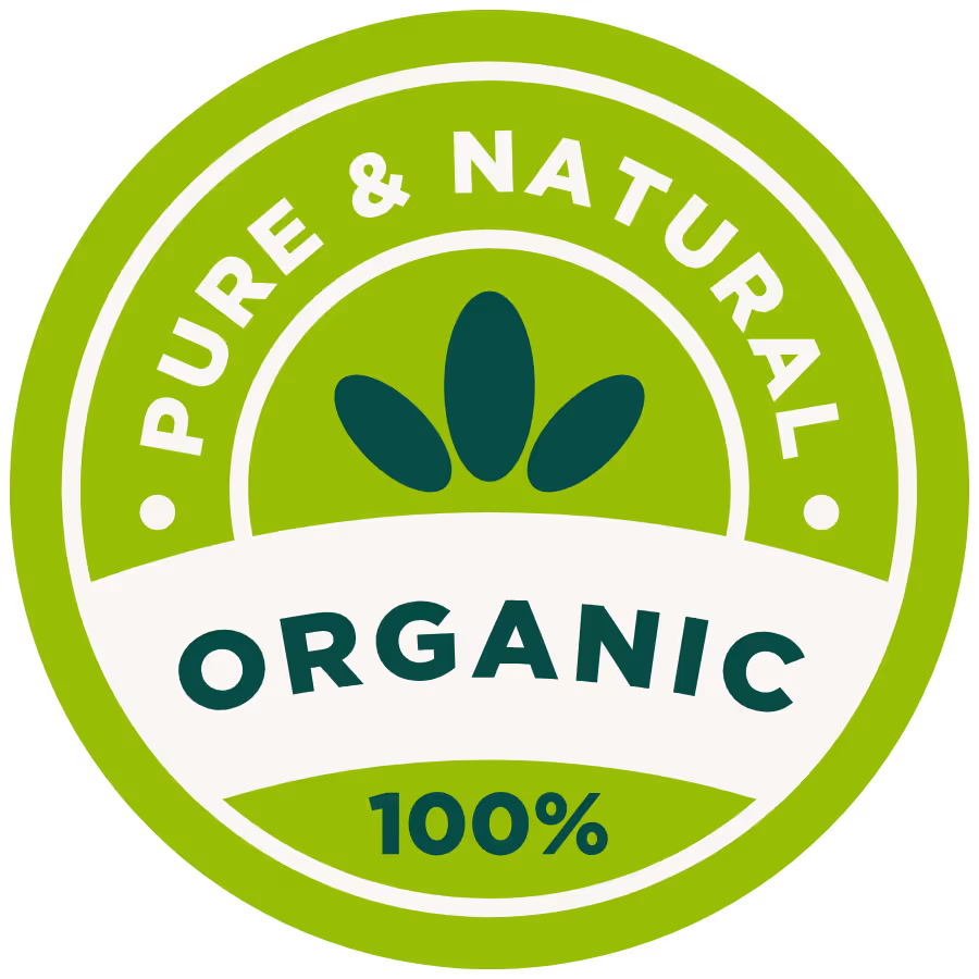 100% Organic ingredient seal with a leafy graphic.