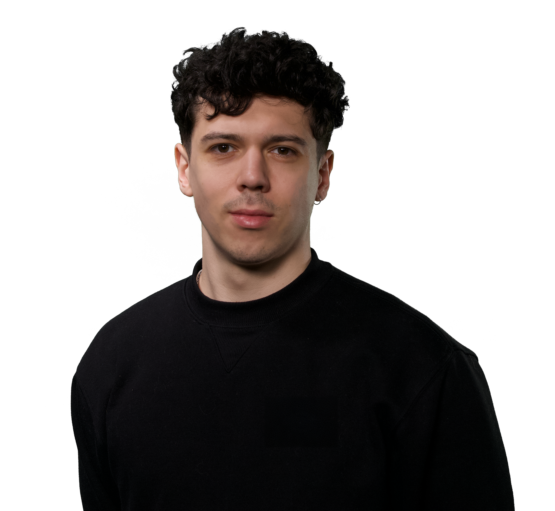 A portrait of a young man with dark curly hair.