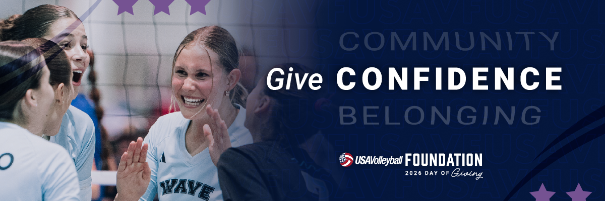 Volleyball player high fiving teammates with a banner that says Give Confidence