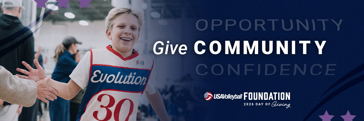 Volleyball player running with a banner that says Give Community