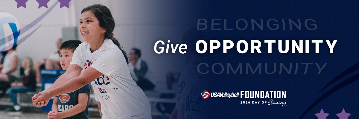Young girl ready to pass a volleyball for the first time! Banner that says Give Opportunity