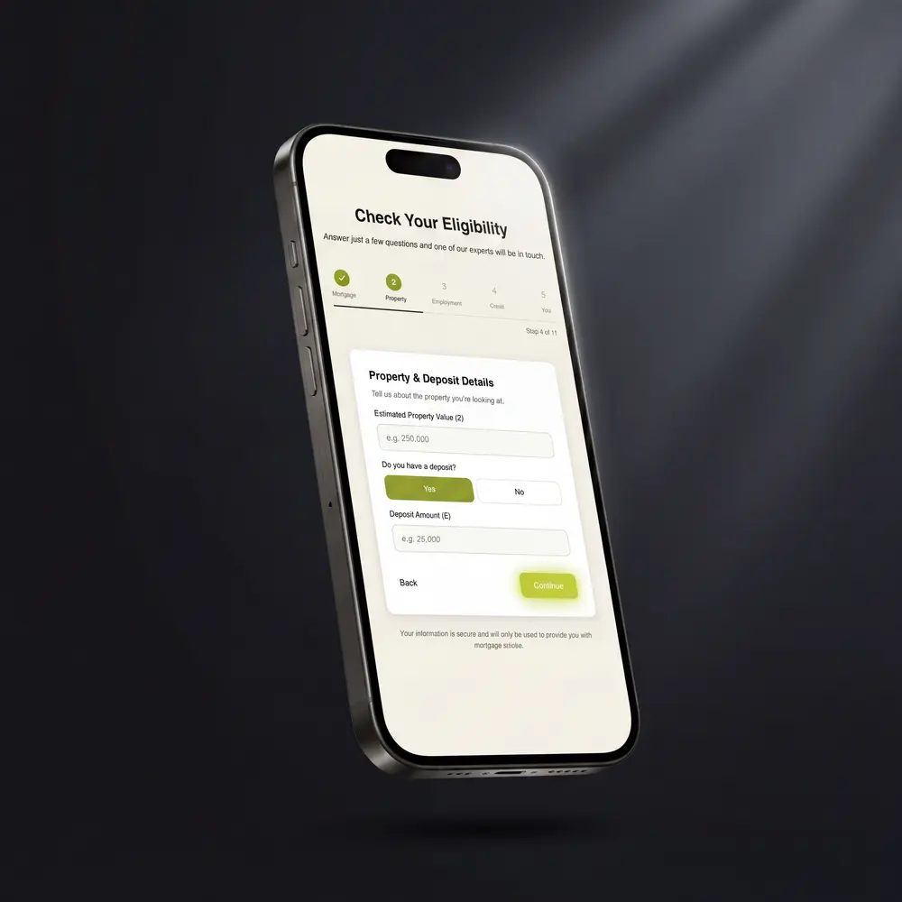 Smartphone screen showing a mortgage eligibility form asking about property value and deposit details.