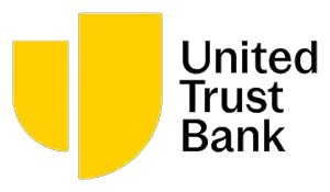 United Trust Bank logo with yellow shield-like shapes and black text.