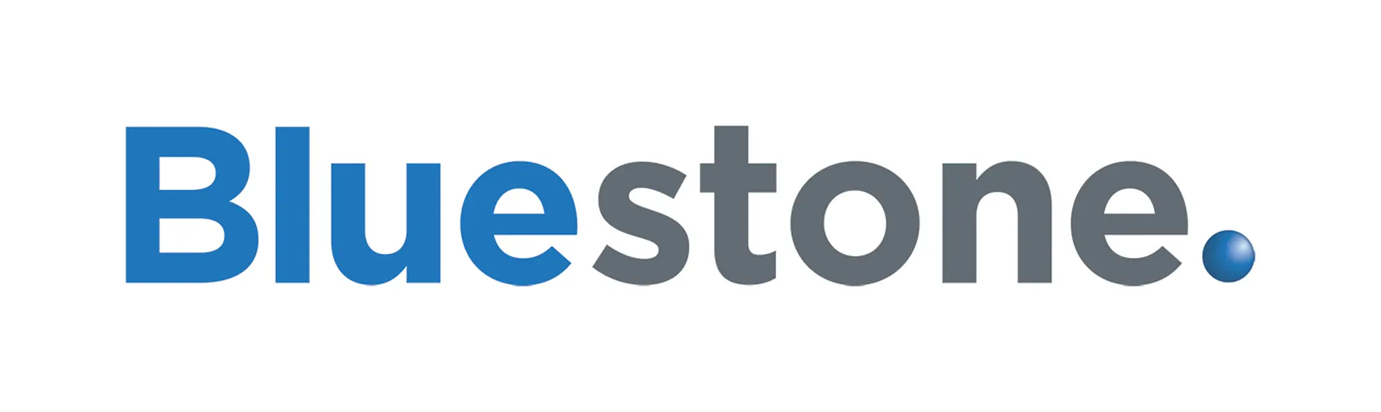 Bluestone logo with blue and gray text and a blue sphere at the end.