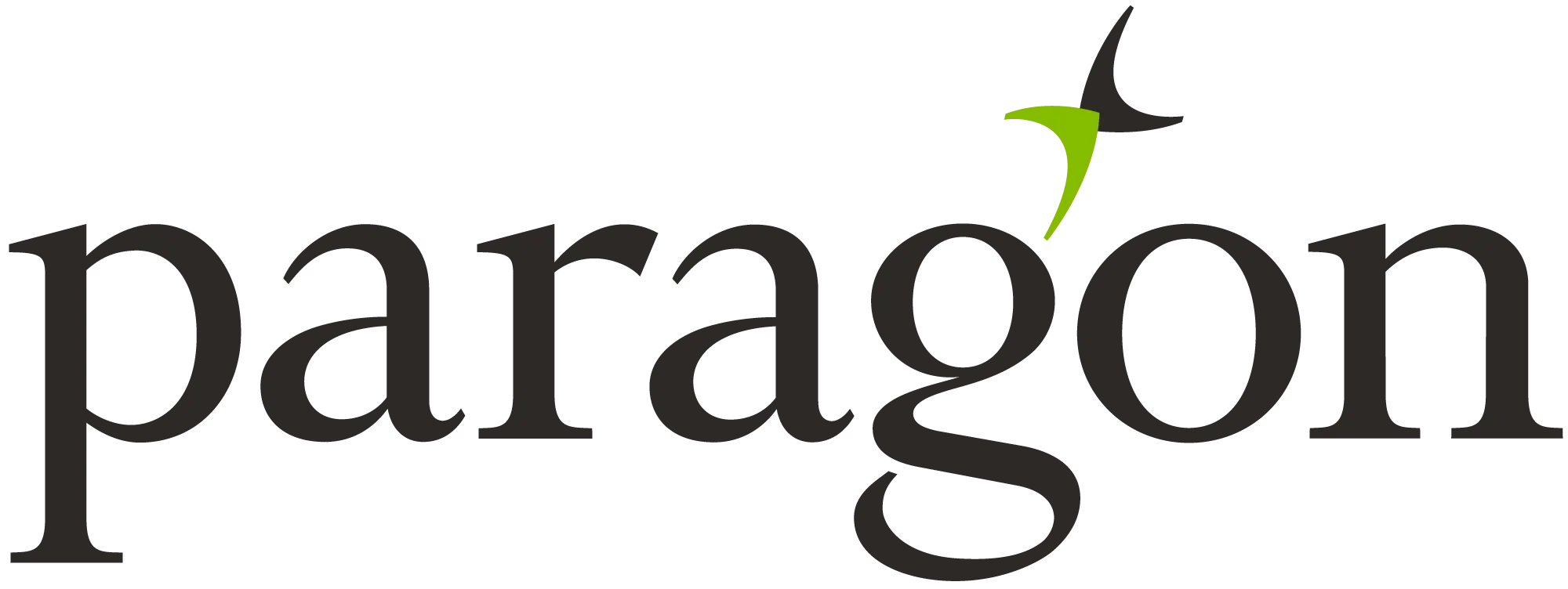 Paragon text logo with a green and black abstract bird shape above the letter g.
