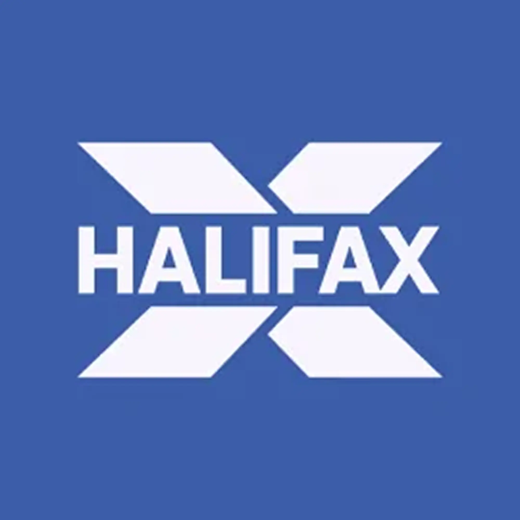 Halifax logo with white text and geometric shapes on a blue background.