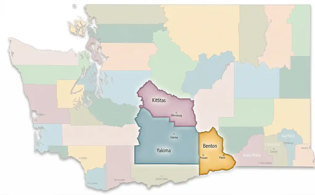 Map of central and southeastern Washington state highlighting Kittitas, Yakima, and Benton counties with major cities Ellensburg, Yakima, and Prosser marked.