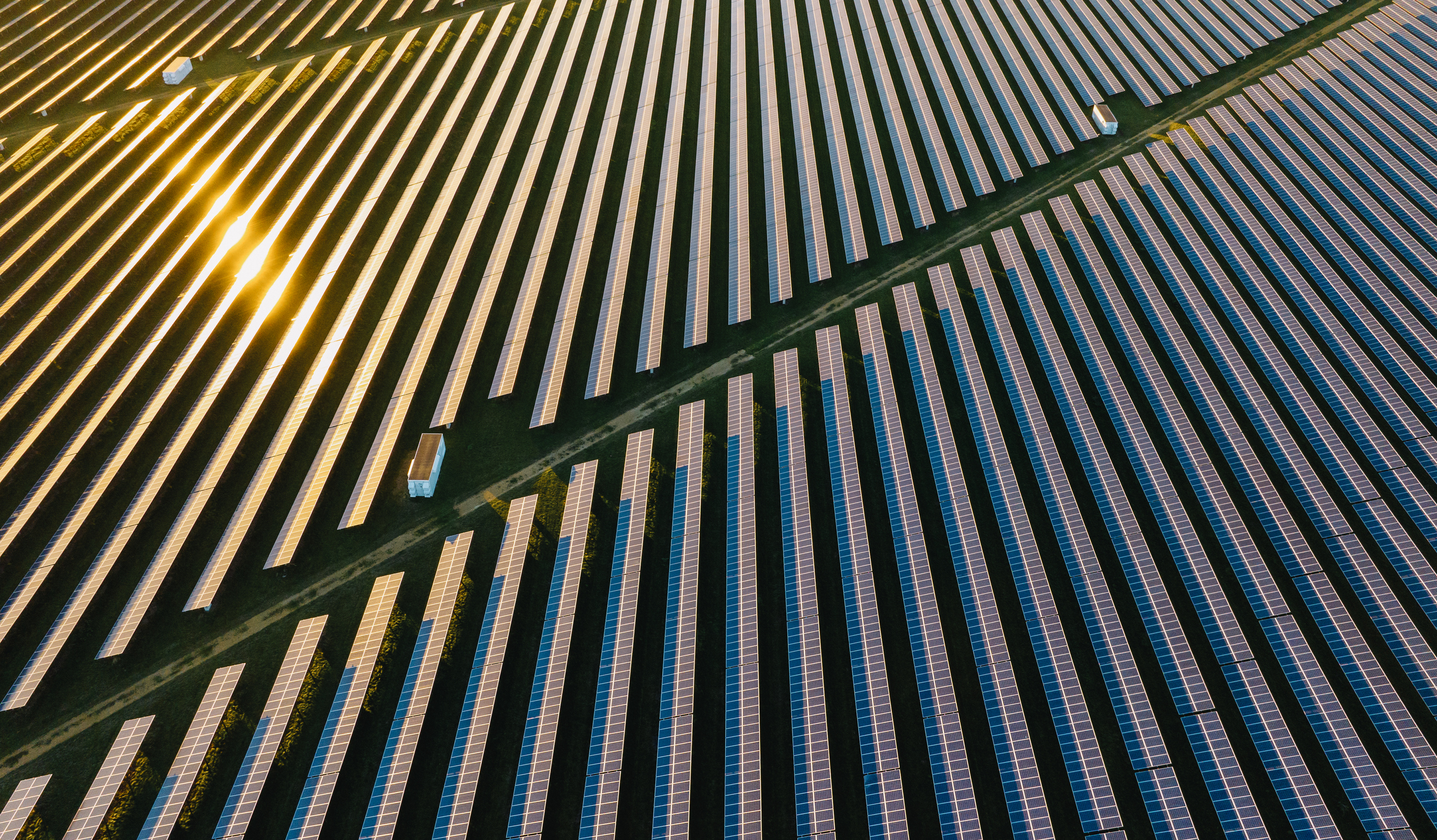 An aerial view of solar panels with the sunset reflecting on them