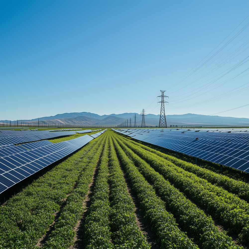 Rows of solar panels in a field with vegetables planted alongside them