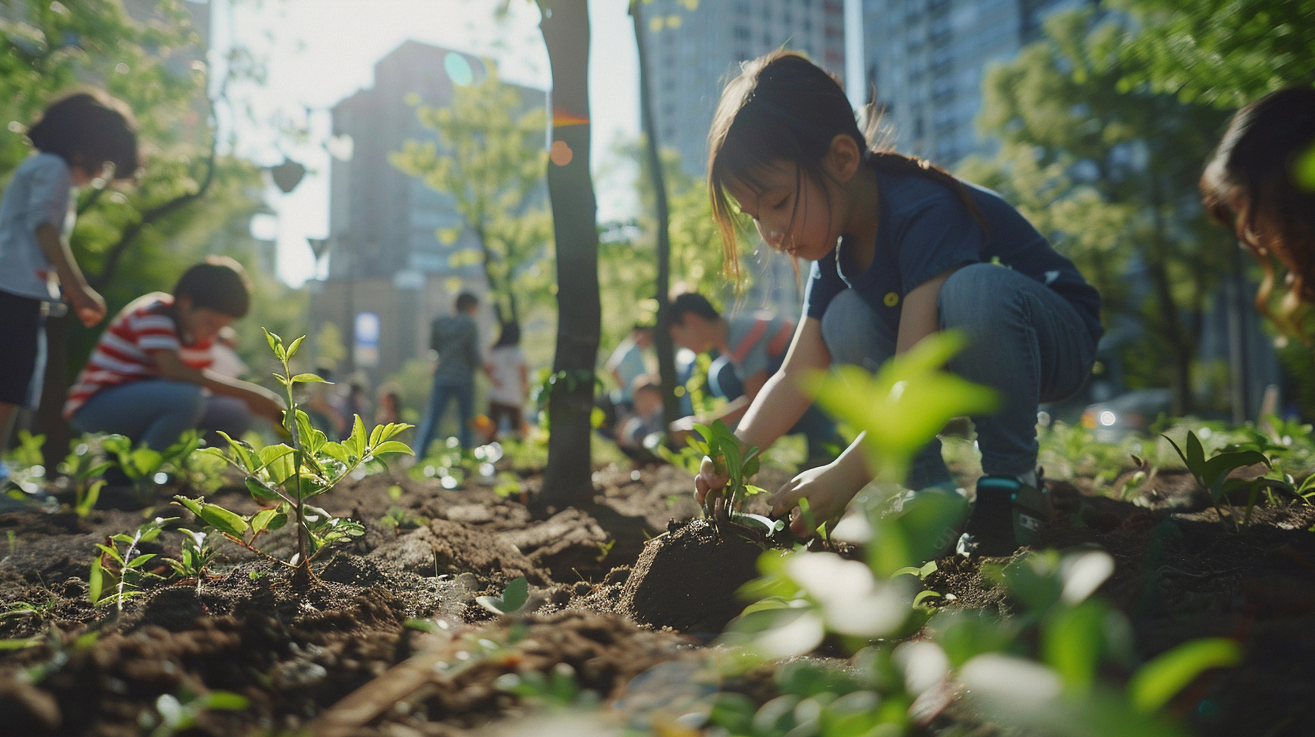 Children planting vegetables in a city garden
