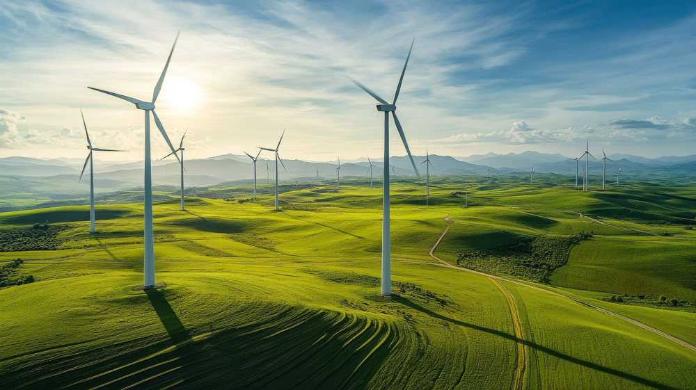 A dozen wind turbines on a green, hilly landscape