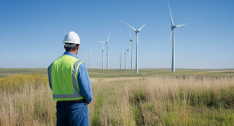A worker looking at wind turbines in a field
